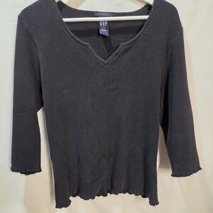 GAP 90s Black Knit Notched V Neck 3/4 Sleeve With Scalloped Hem Sz Large